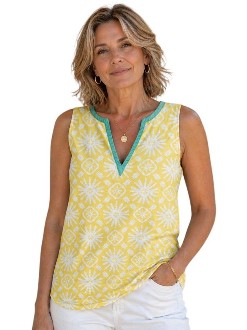 Sail to Sable Sz S Yellow Geometric Sun Print Linen Sleeveless Tunic Top Coastal